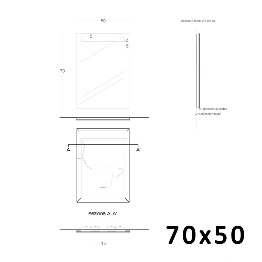 Specchio led bagno per mobile filo lucido 4 debby, misura 90x60