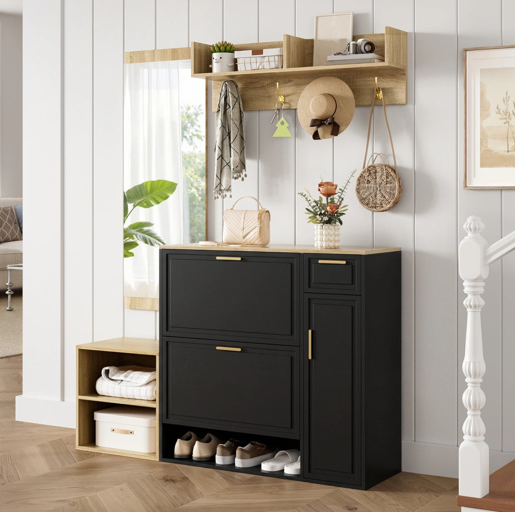 Set guardaroba 4 pezzi 130x30x174 cm naturale nero, truciolare con specchio