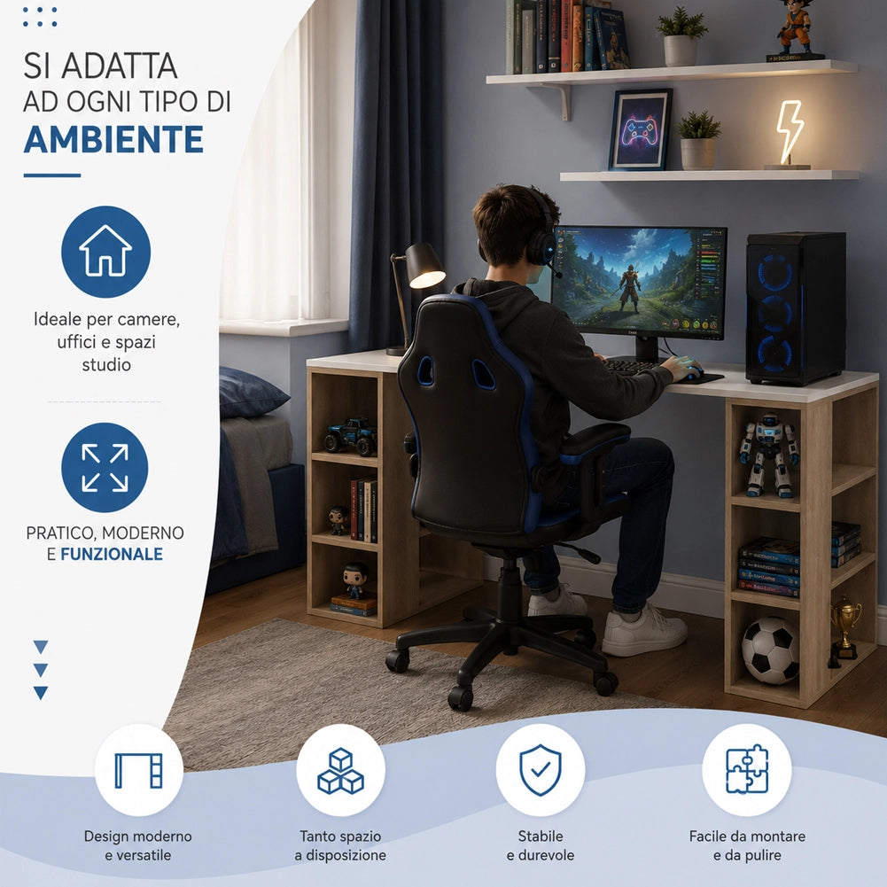 Scrivania Libreria 6 Ripiani Tavolo Porta Pc Computer Legno Casa Ufficio Quercia