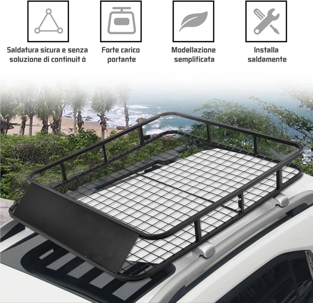 Portapacchi Auto Universale, Cesto Portapacchi Auto in Ferro, Bagagliera Auto Tetto 122,5 x 102 x 15 cm, Supporto 80kg, Nero (stile 2)