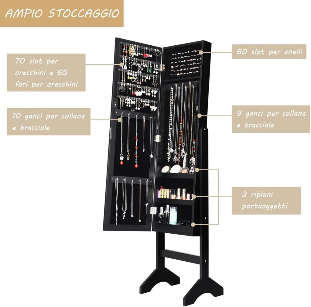 Armadio per Gioielli, Armadietto Portagioie con Specchio a Figura Intera, Organizer Spazioso per Gioielli, per Camera da Letto e Salotto, 35,5 x 33 x 153 cm (Nero)