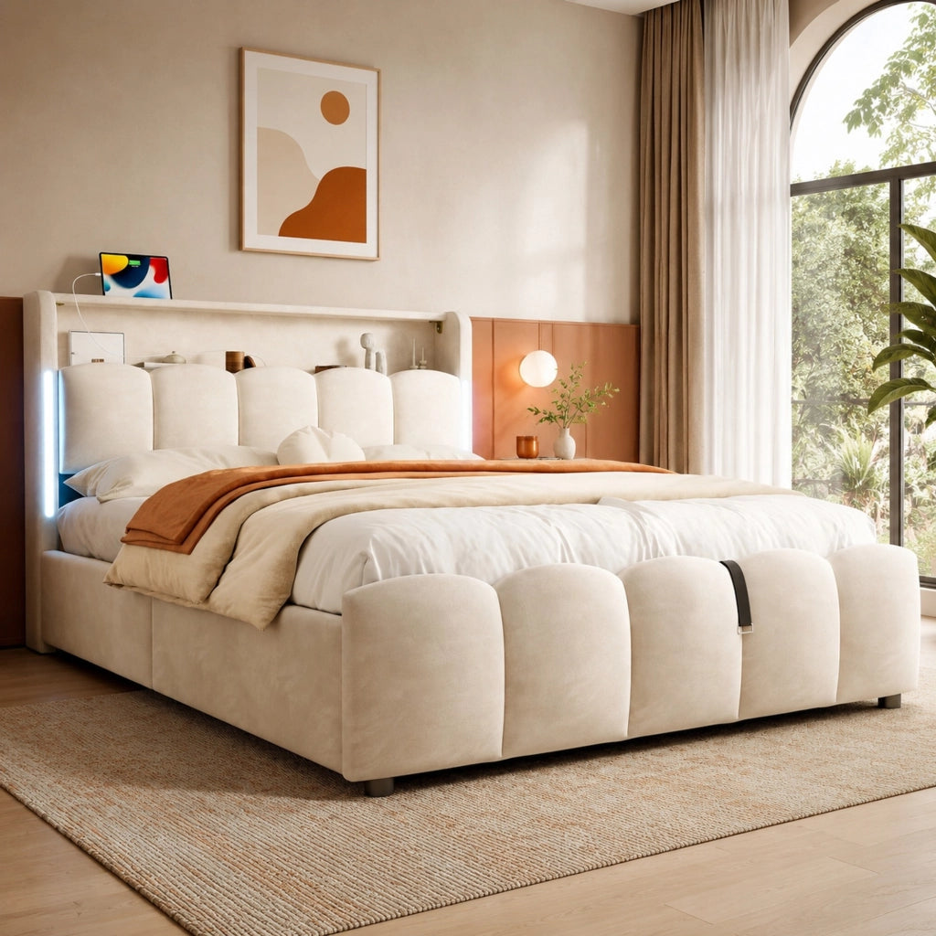 Letto matrimoniale imbottito 140x200 cm in velluto beige con LED; contenitore e porte USB Type-C