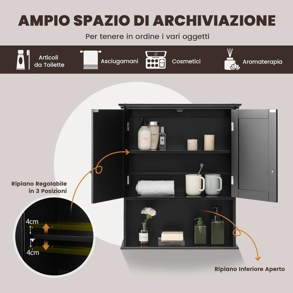 Mobiletto Pensile da Bagno, Mobile Armadietto Bagno sospeso con 2 Porte, Armadietto a Muro delle Medicine, Mensola Regolabile, Capacità di 30 kg (Nero)