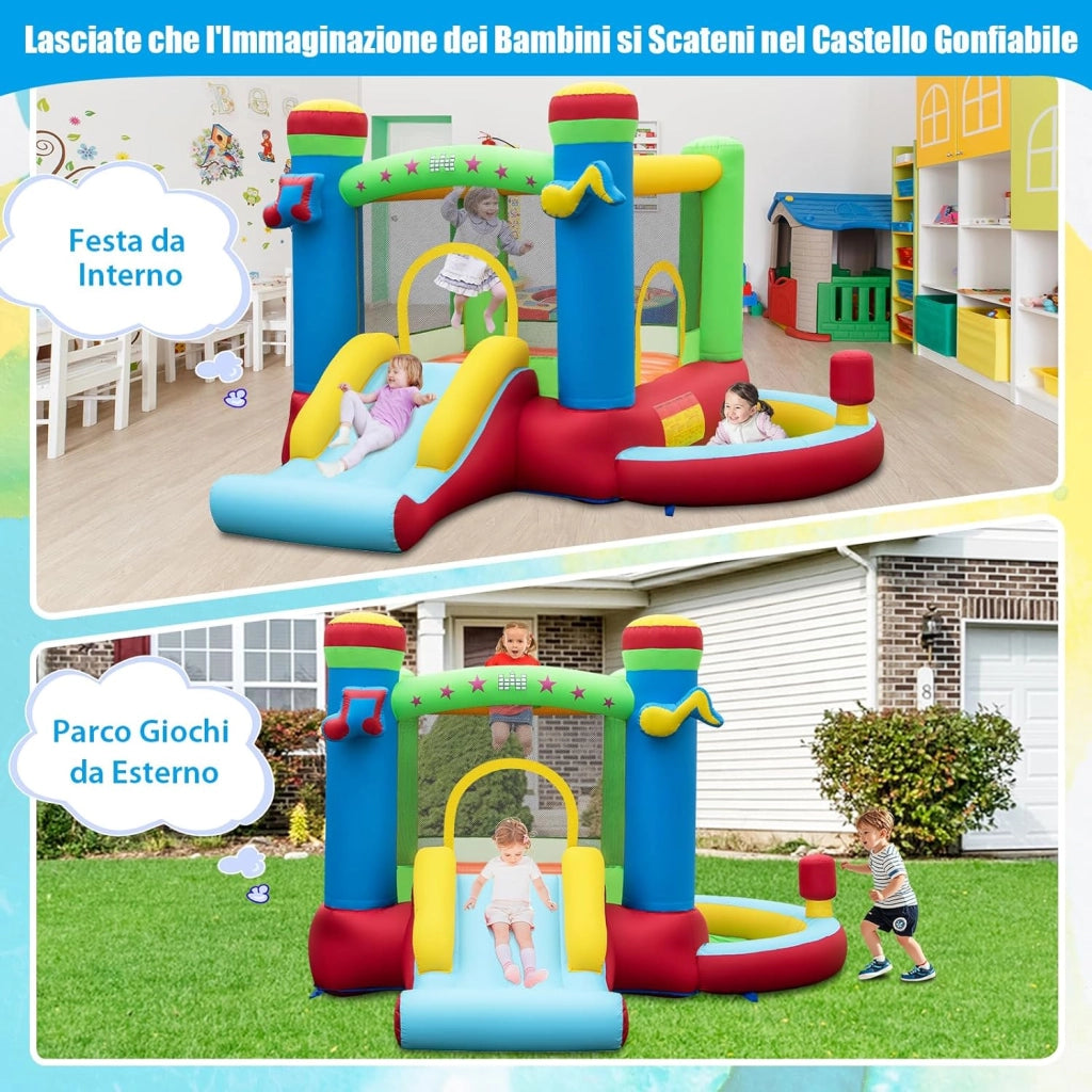 Castello Gonfiabile 5 in 1 per Bambini di Tema Musicale, Castello Gonfiabile con Scivolo, Trampolino, Piscina e Canestro, Gioco Gonfiabile da Interno ed Esterno, per Bambini da 3 a 12 Anni