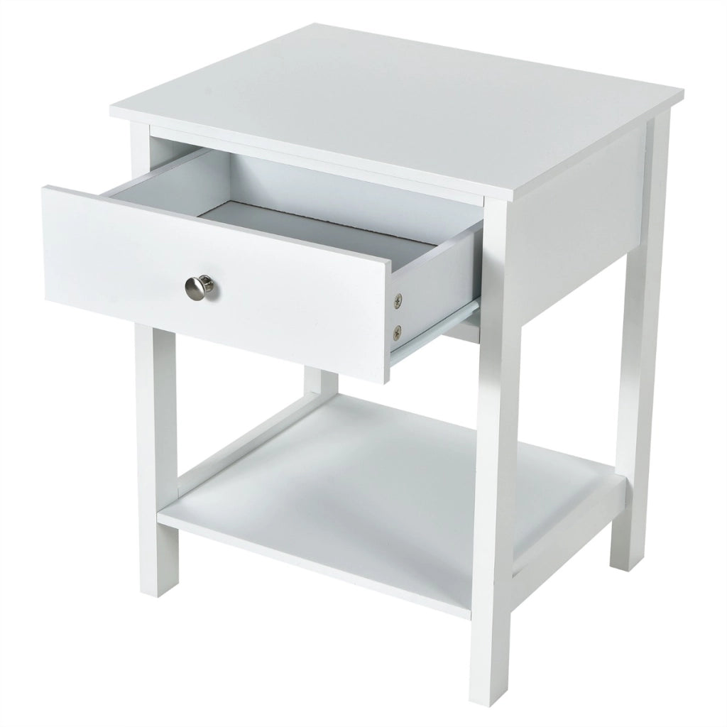 Set 2 comodini moderni con cassetto e mensola-Tavolini con 2 livelli per salone camera da letto corridoio Bianco