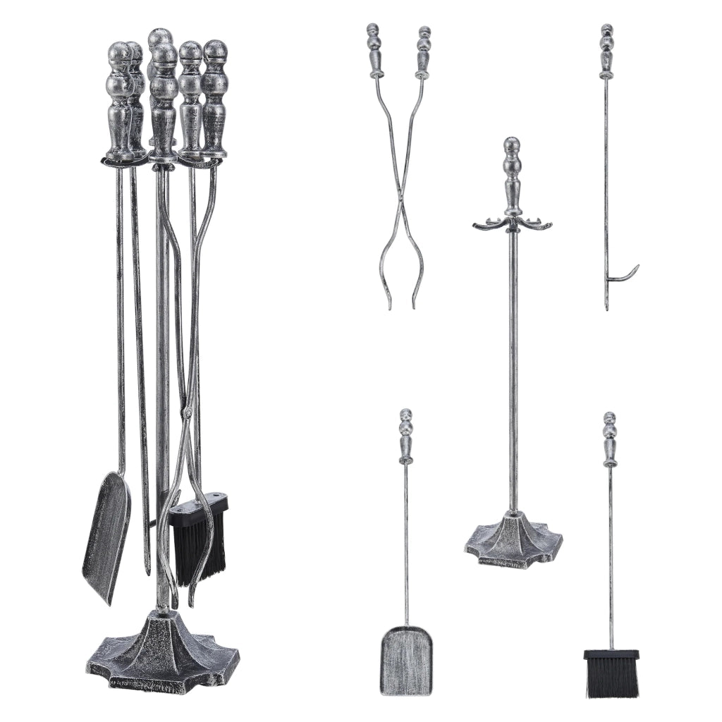Set di attrezzi per camino Dovre con scopa pala pinze e attizzatoio in argento 03_0006313