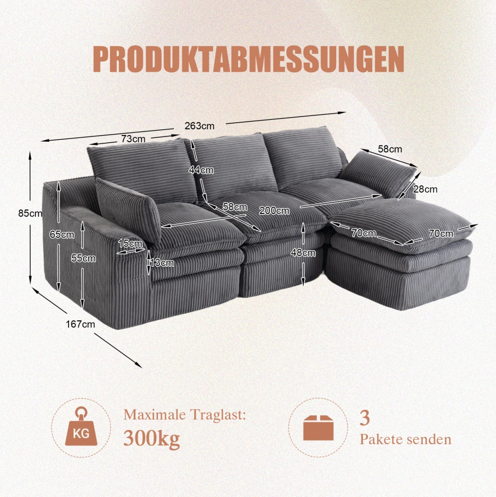 Divano modulare ULEVR 263x167x85 cm con pouf, tasche laterali e cuscini, velluto a coste grigio scuro
