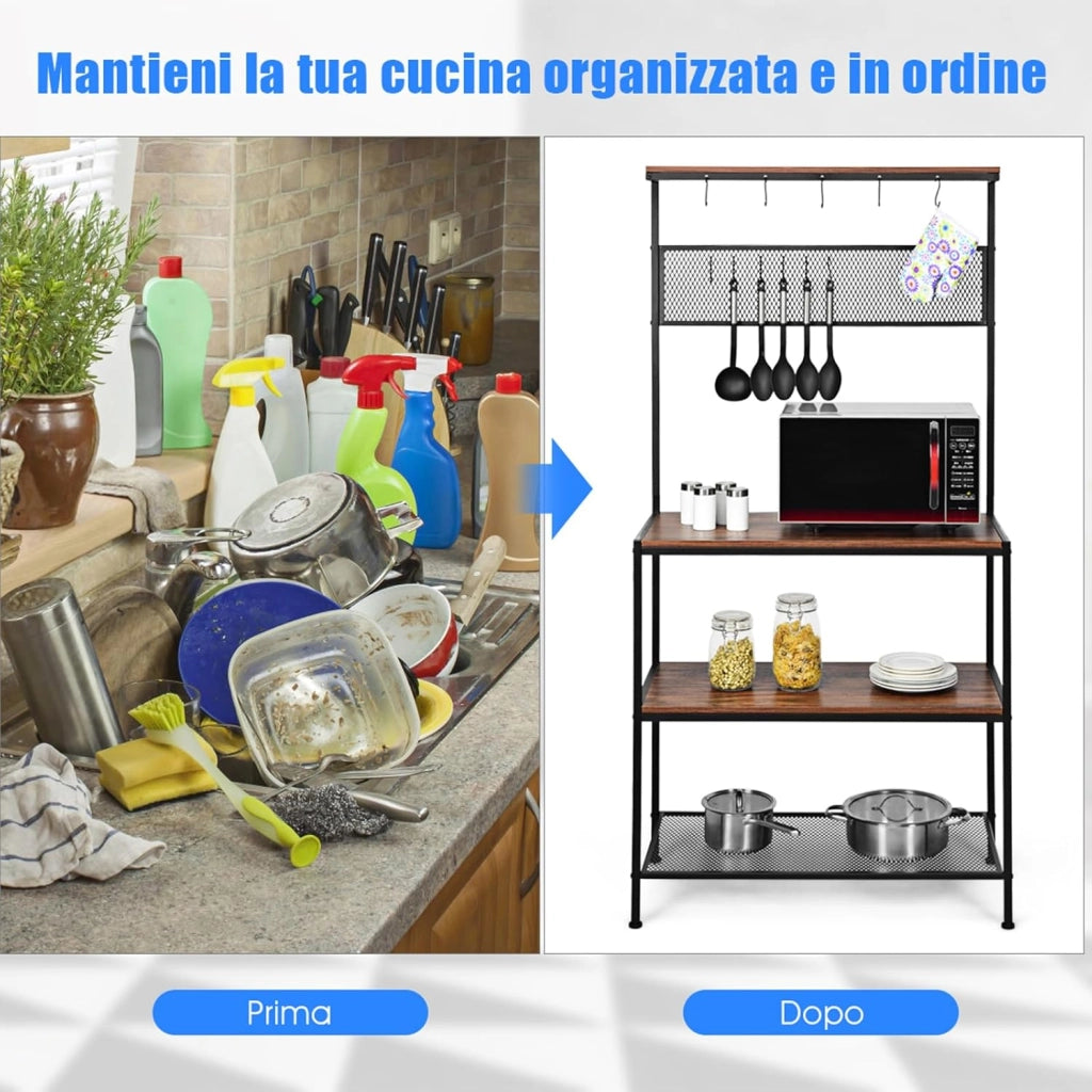 Scaffale per Panetterie con 4 Ripiani, Mobile per Microonde con 11 Ganci, per Cucina