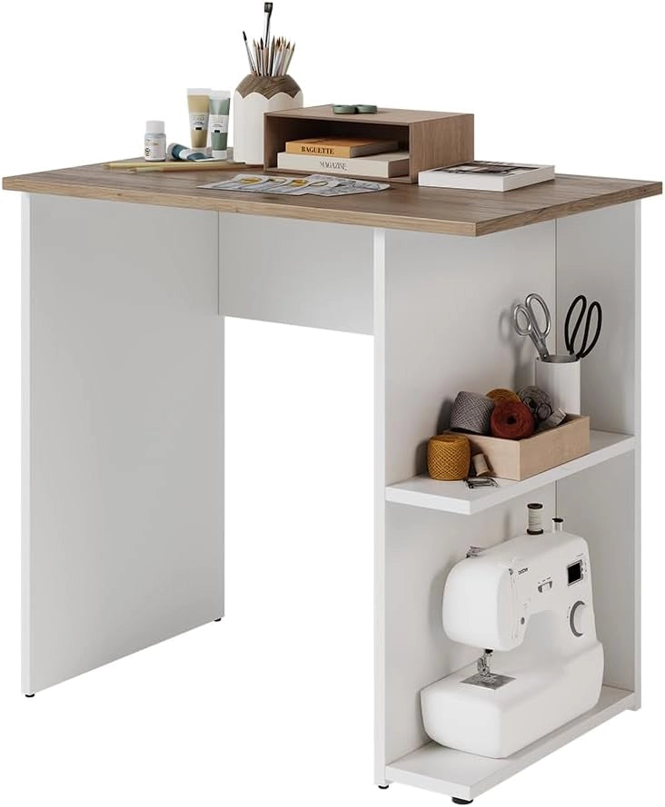 Scrivania con ripiani Simple, Bianco/Artisan, 80 x 50 cm, con due ripiani per una conservazione organizzata