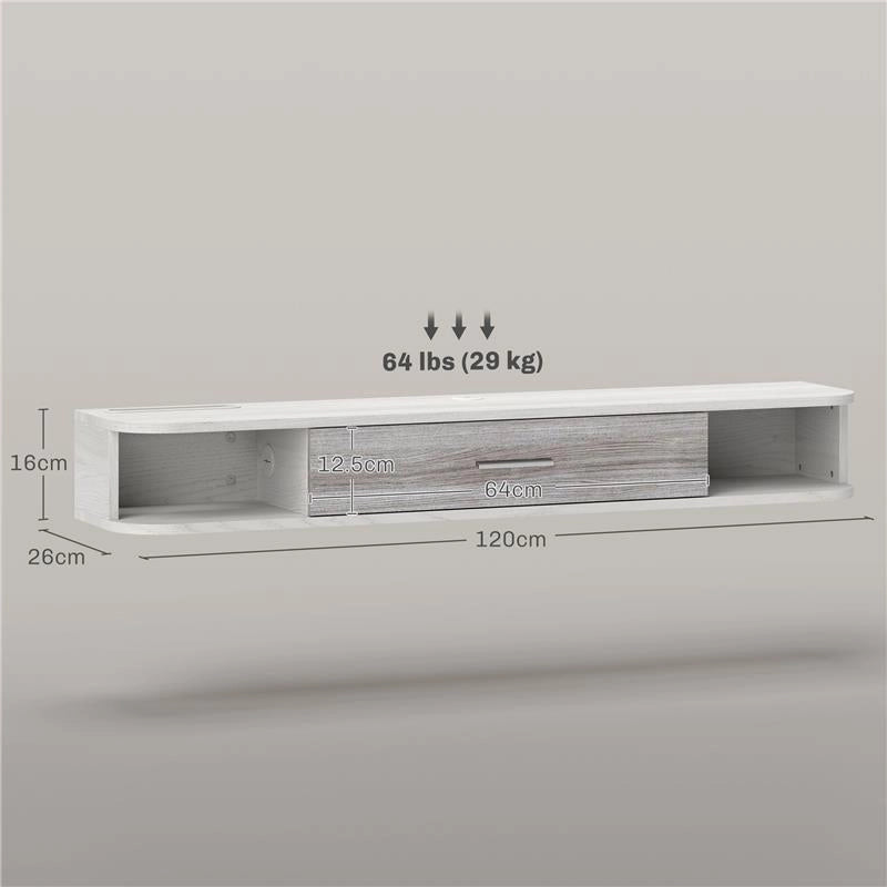 MOBILE TV SOSPESO IN LEGNO CON 2 RIPIANI APERTI E ARMADIETTO, 120X26X16 CM, BIANCO E GRIGIO