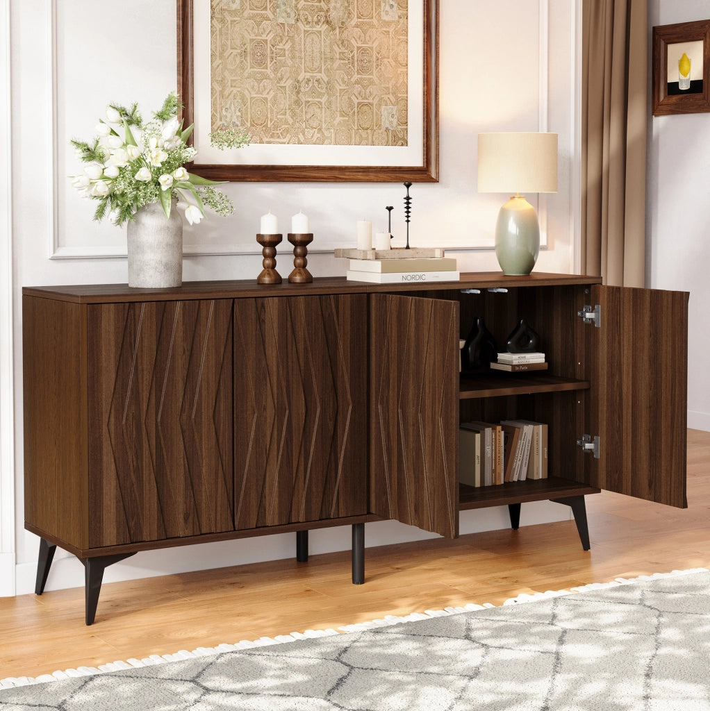 Credenza 140x35x70 cm con 4 ante e ripiani regolabili in MDF e truciolare color noce