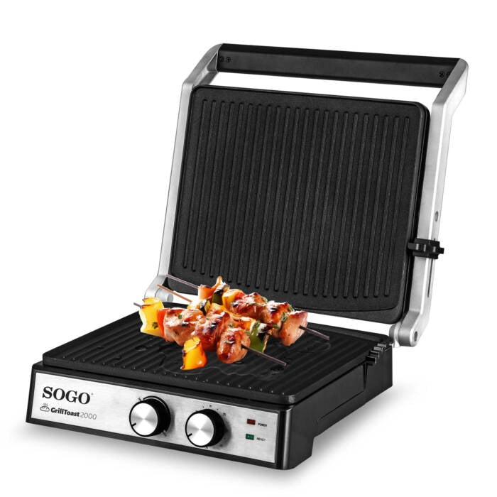 Piastra grill elettrica 2000W apribile 180°, piastre antiaderenti ceramiche con termostato e vassoio raccogli grasso - Sogo