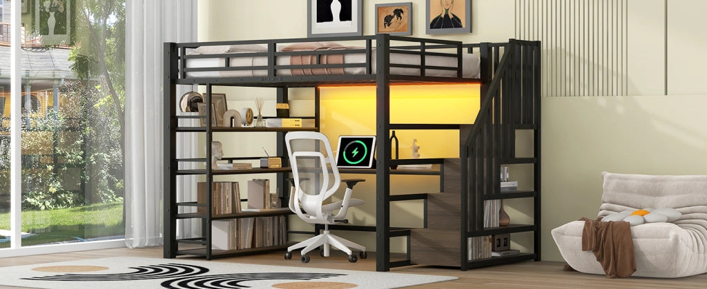 Letto a soppalco in metallo nero 140x200 con scrivania integrata, scale contenitore e luci LED