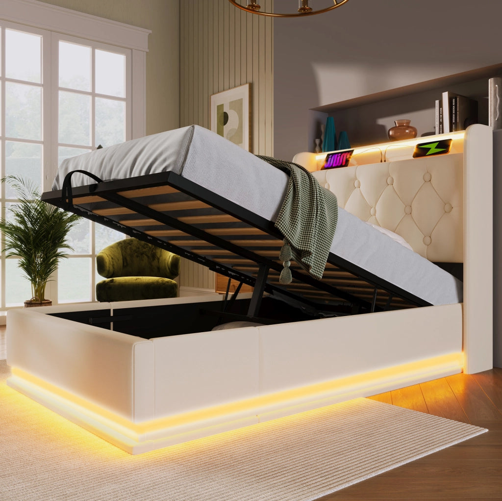 Letto singolo imbottito 90x200 cm in PU bianco con LED; USB e contenitore idraulico