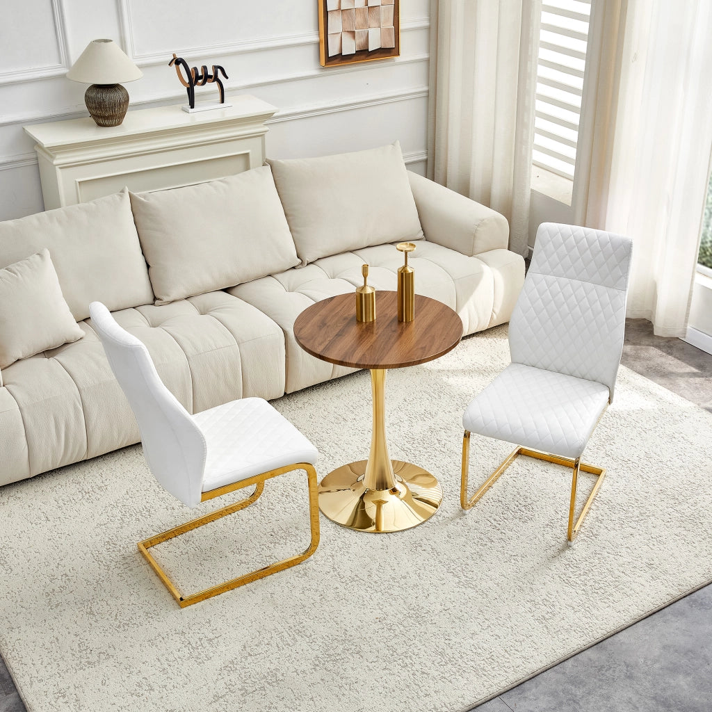 Tavolo da pranzo rotondo con 2 sedie, piano in MDF effetto noce, base in metallo dorato, per sala da pranzo 60 cm