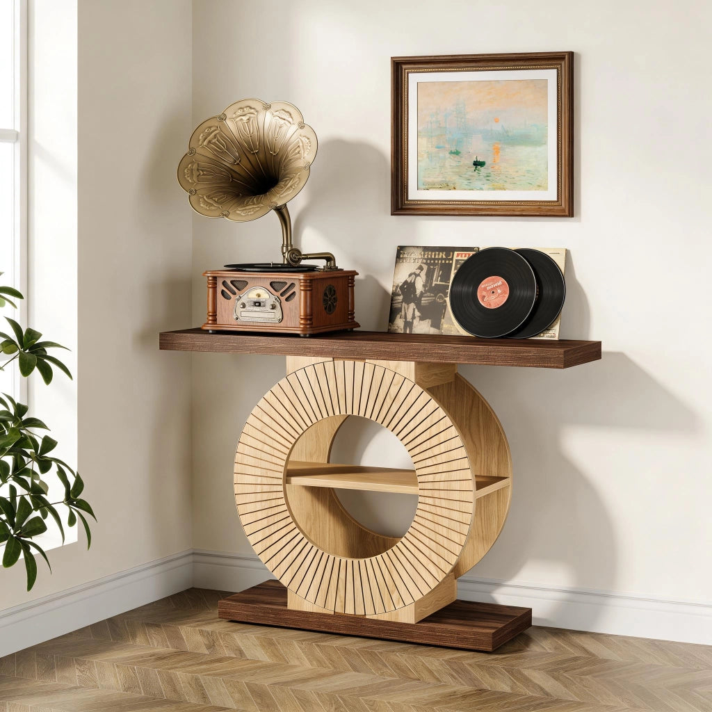 Consolle in legno con base rotonda e ripiani, stile country, per ingresso, marrone, per foto e libri