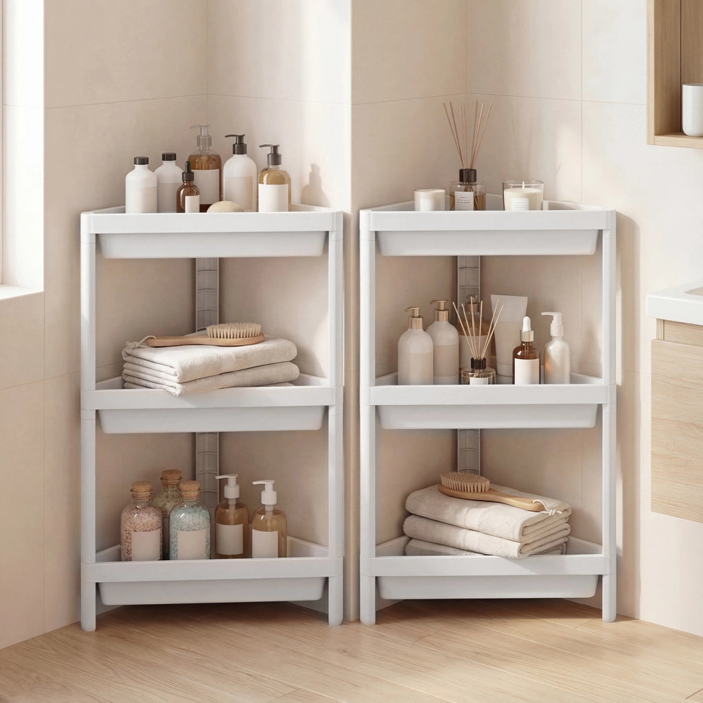 Set da 2 scaffali angolari da doccia a 3 ripiani con fori di drenaggio, Organizer da terra autoportante smontabile per bagno cucina camera e soggiorno Bianco