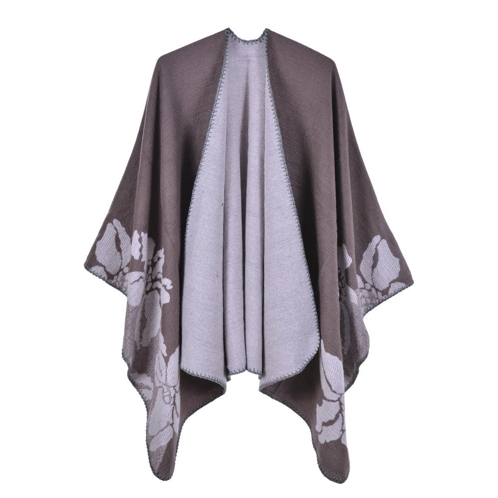 Elegante, spesso e ampio scialle, mantello da donna in cashmere double-face con stampa floreale retr¨°.