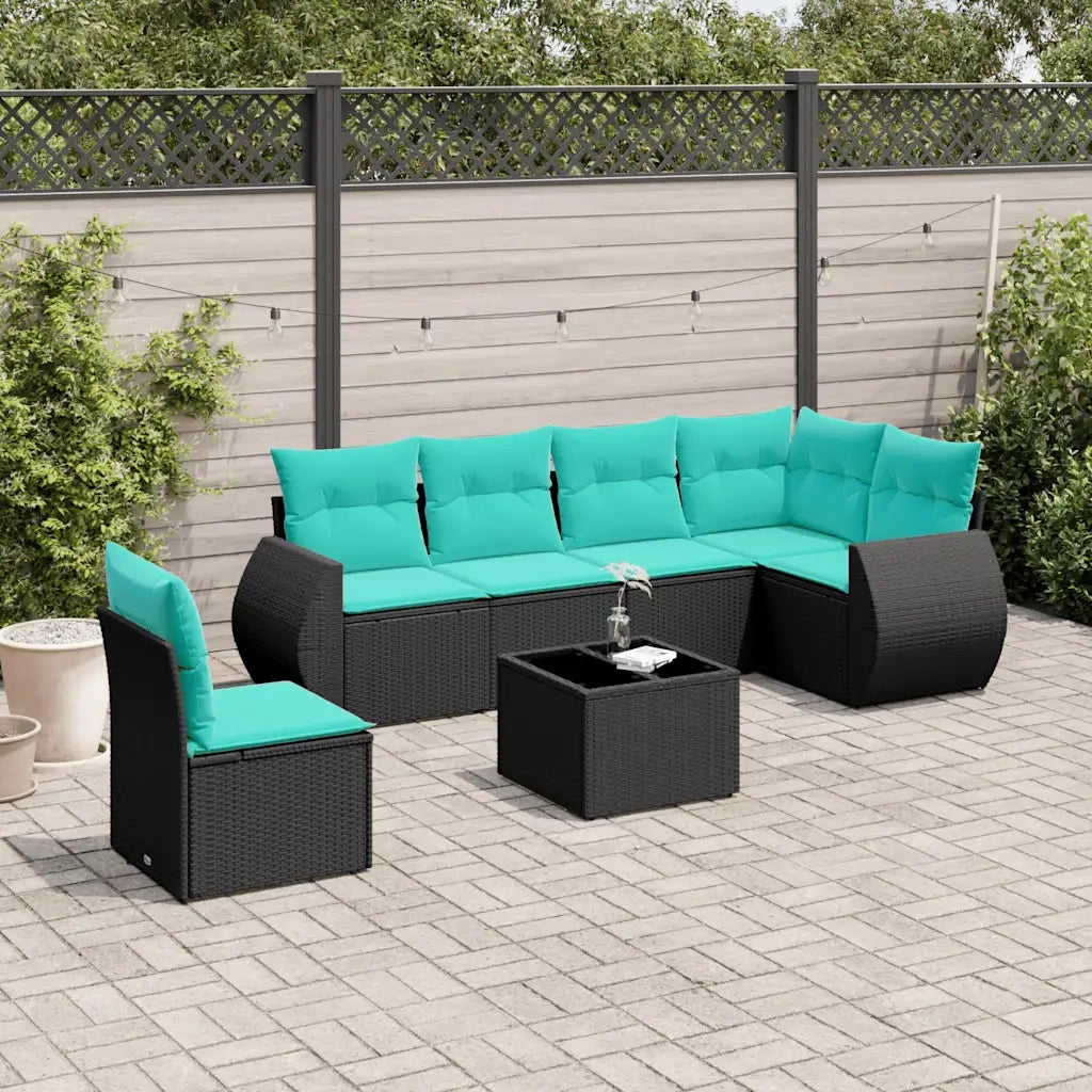 Set Divani da Giardino 7 pz con Cuscini Nero in Polyrattan 3221436