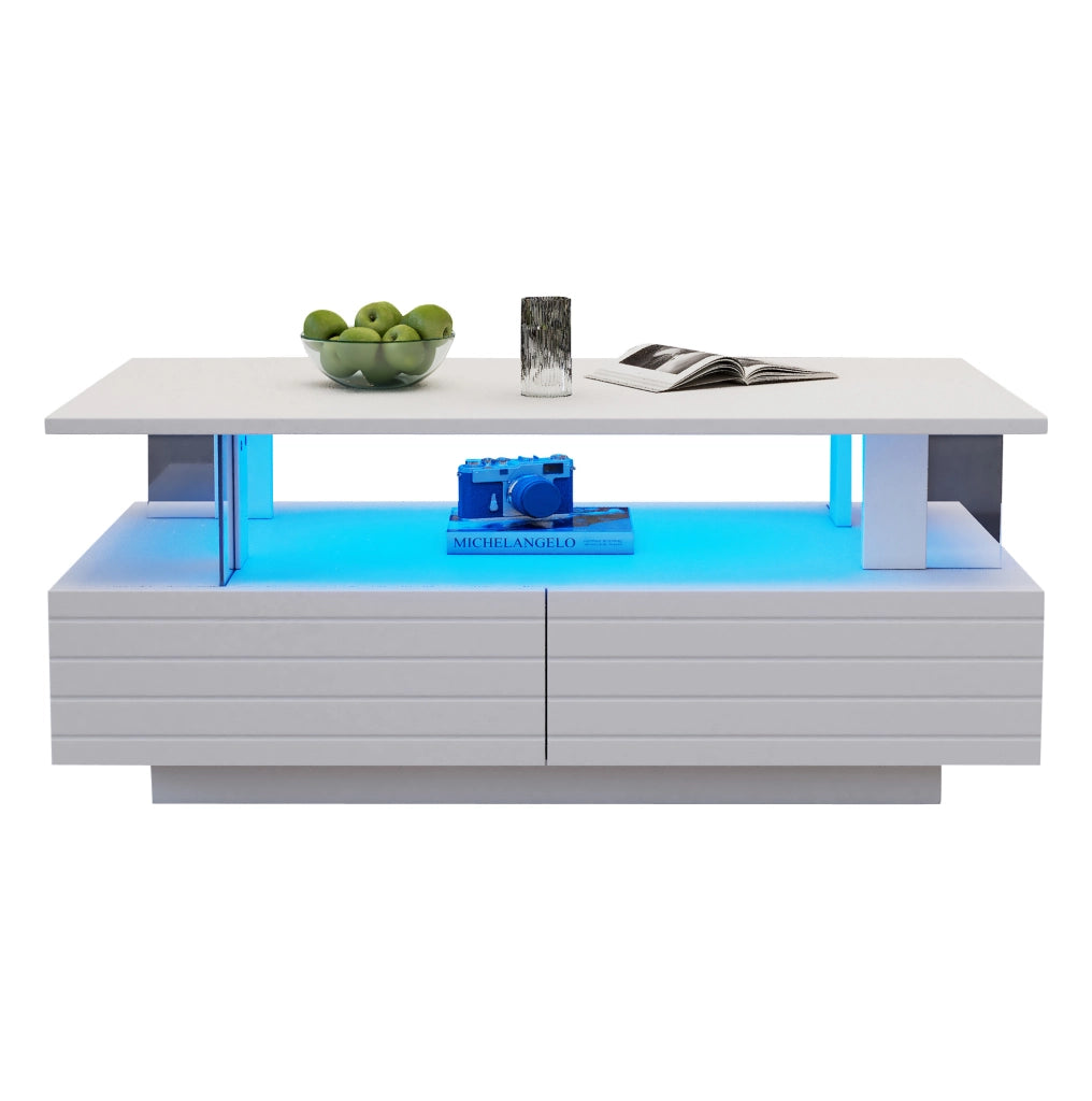 Tavolino da caffè LED bianco 100×50×42 cm con 2 cassetti e ripiano