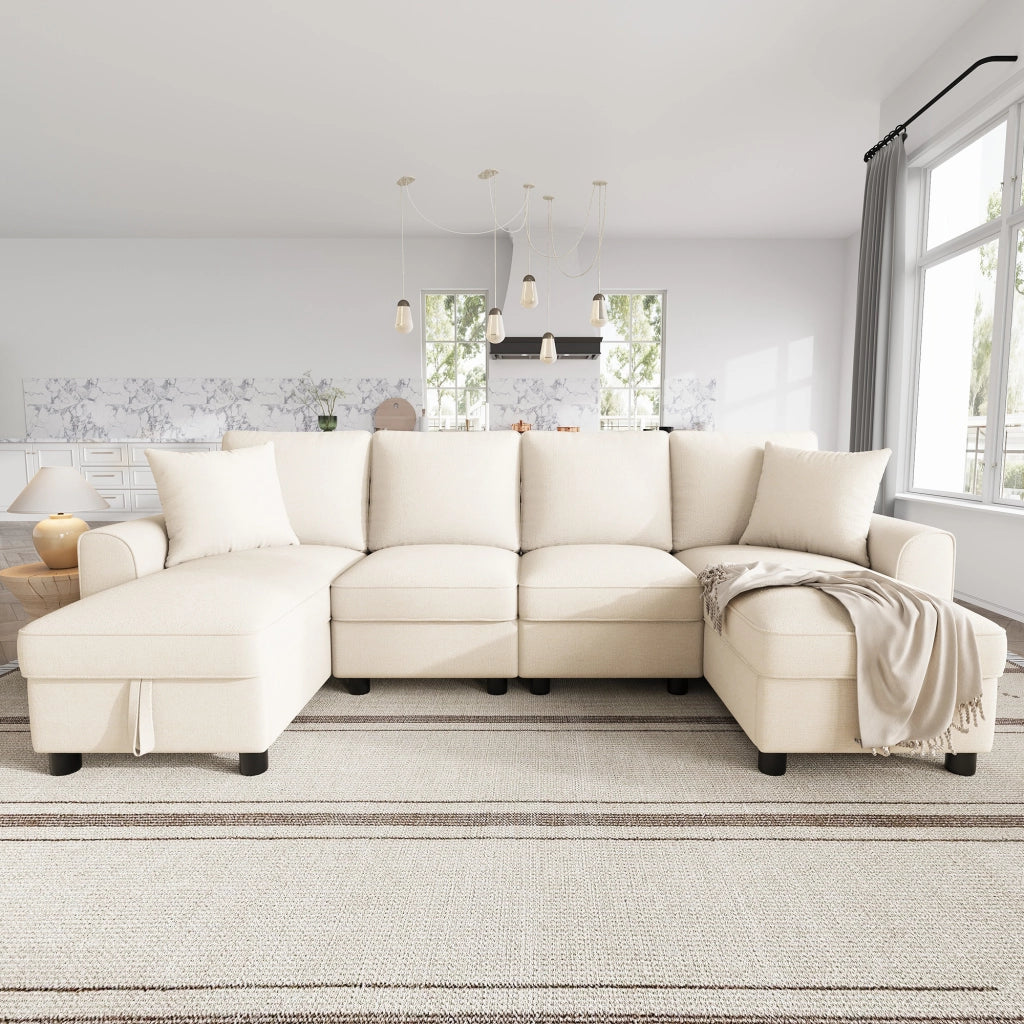 DIVANO a U 280x137 cm in Chenille Beige con Chaise Longue Contenitore
