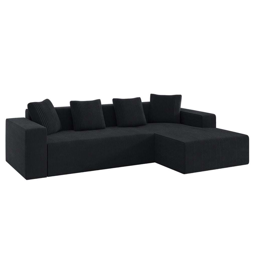 Divano modulare 261x146x65 cm con seduta profonda in velluto a coste nero