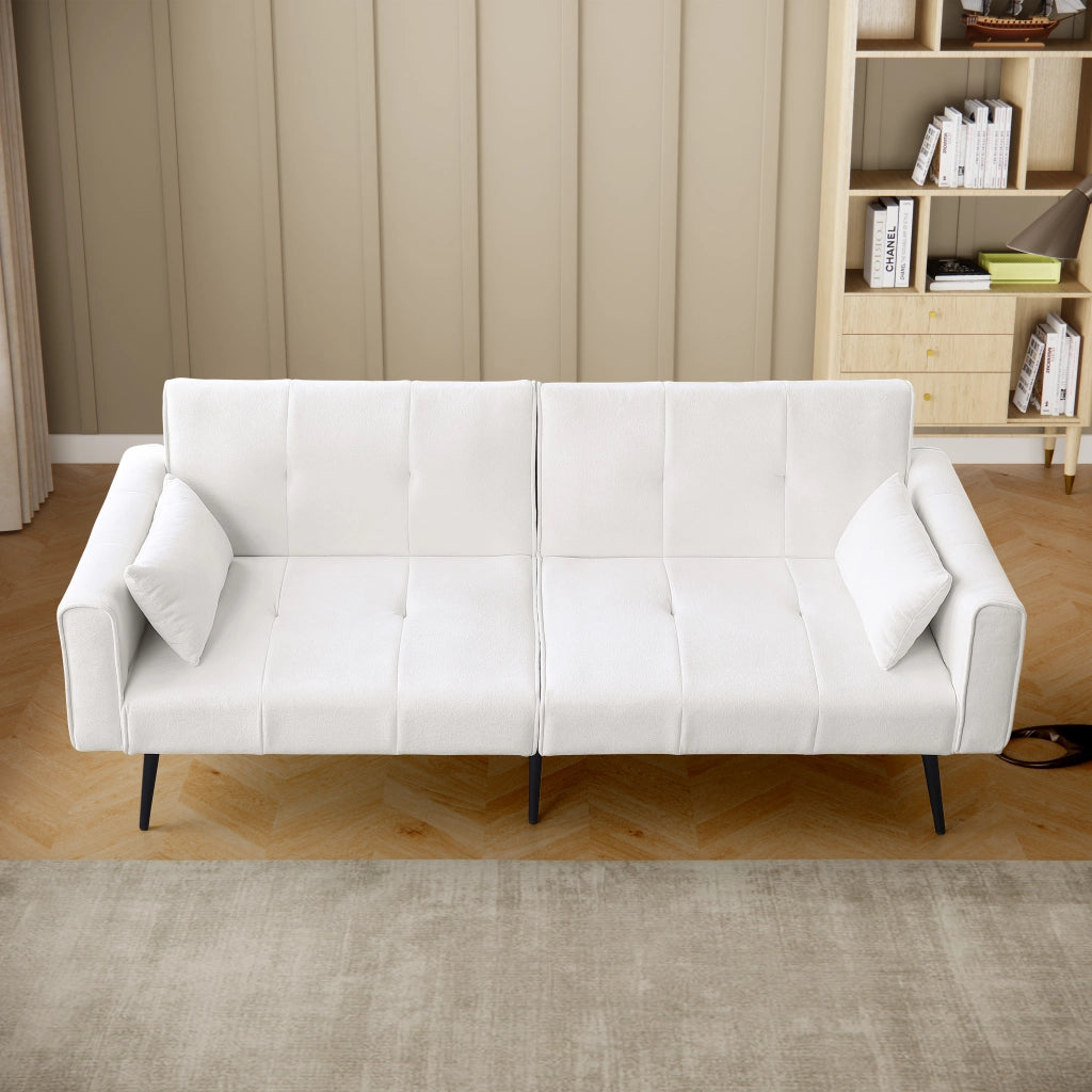 Divano letto futon convertibile con struttura in legno e piedini in metallo per salotto in tessuto a coste beige