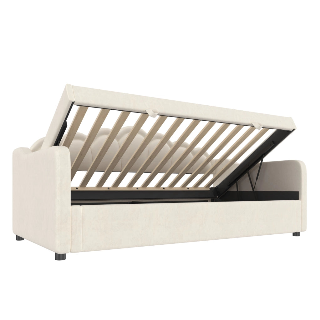 Letto a divano con contenitore 90x200 cm in velluto beige; con LED e sollevamento idraulico