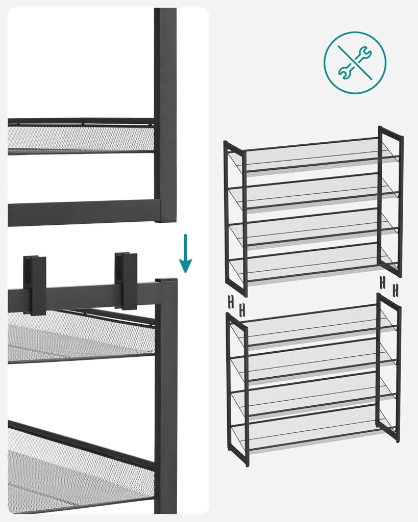 SONGMICS Scaffale Portascarpe a 8 Ripiani, Set di 2 Scarpiere Impilabile a 4 Livelli, Organizzatore per Scarpe con Ripiani a Rete in Metallo, Regolabili in Piano o ad Angolo, Nero LMR08B