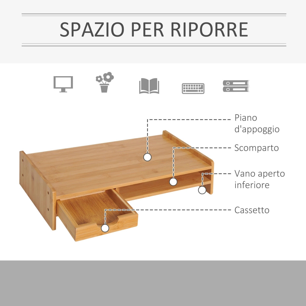 Supporto Monitor con Spazio per Mouse e Tastiera e Ripiano con Cubo Portaoggetti 49x25,5x11,5 cm in Bambù