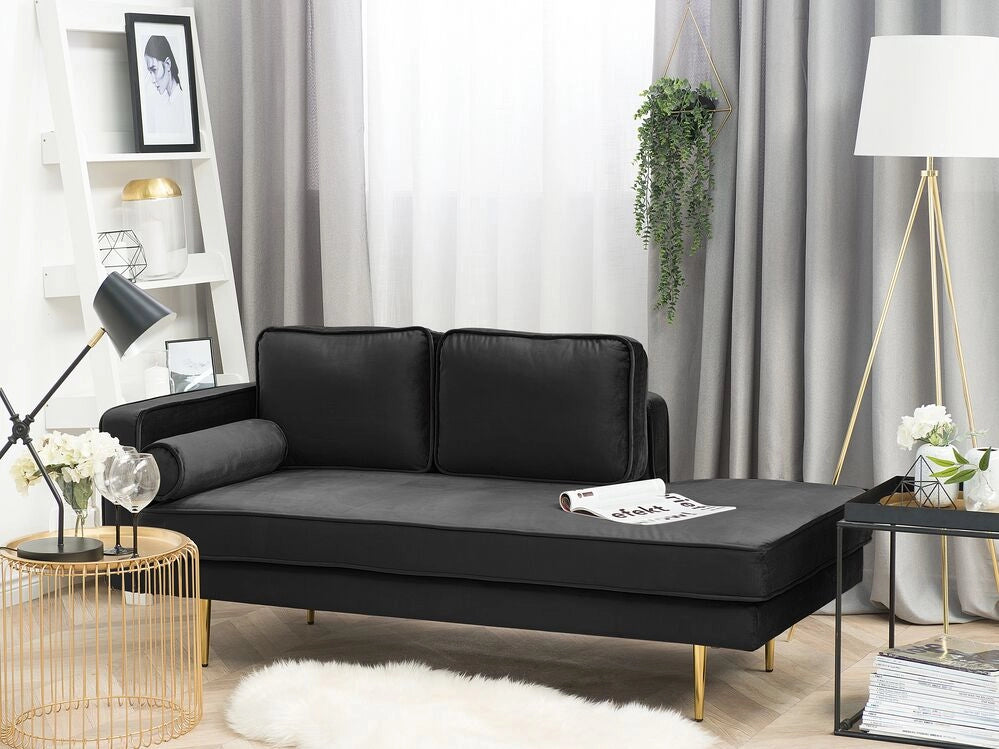 Chaise longue Nero Velluto Imbottito versione sinistra Orientamento Gambe In Metallo Rafforzamento Cuscino Design Moderno
