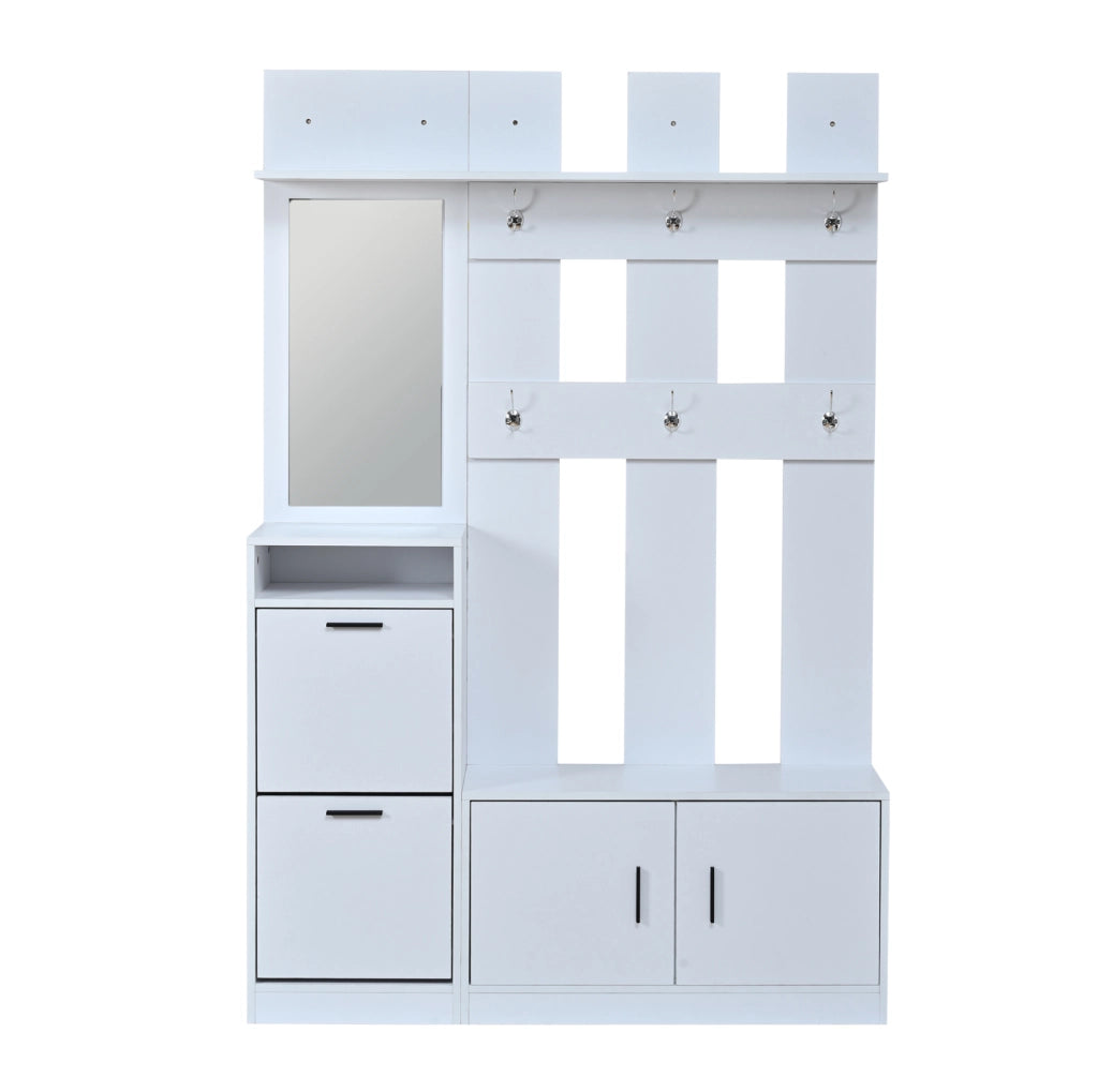 Mobile ingresso 120x30x180 cm con specchio; scarpiera e panca in MDF bianco