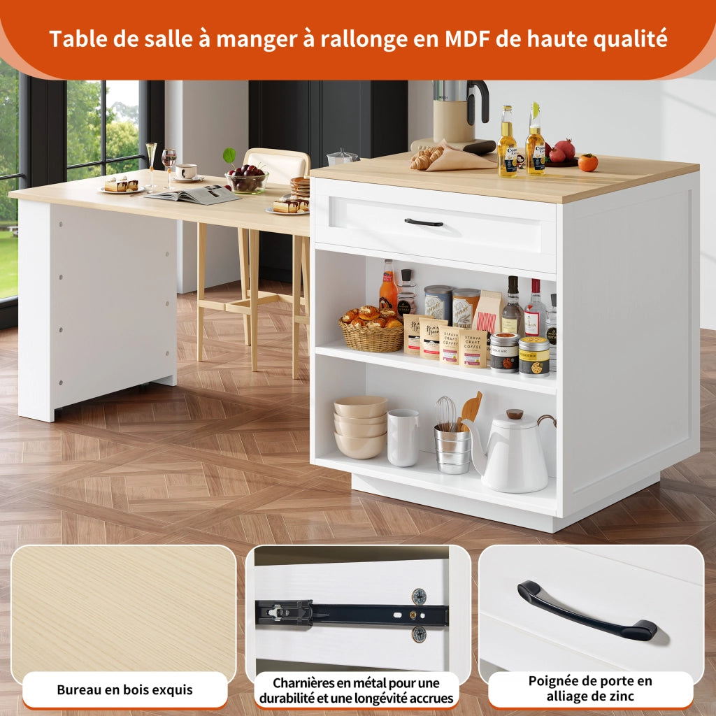 OKWISH Tavolo Bar da Cucina con Contenitore, Piano Allungabile, 1 Cassetto e Vani Aperti, per Cucina, Bianco