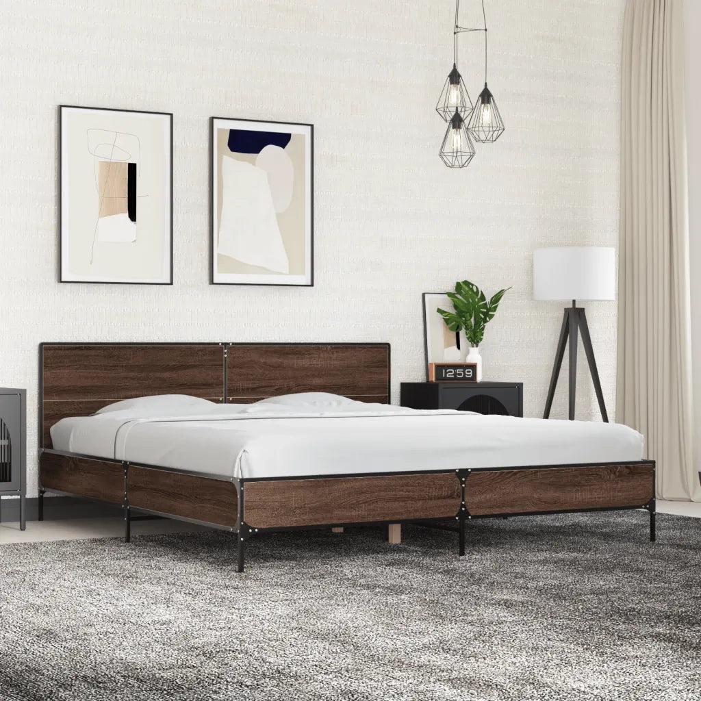Letto matrimoniale | Letto per adulti | Giroletto Rovere Marrone 200x200cm in Legno Multistrato Metallo
