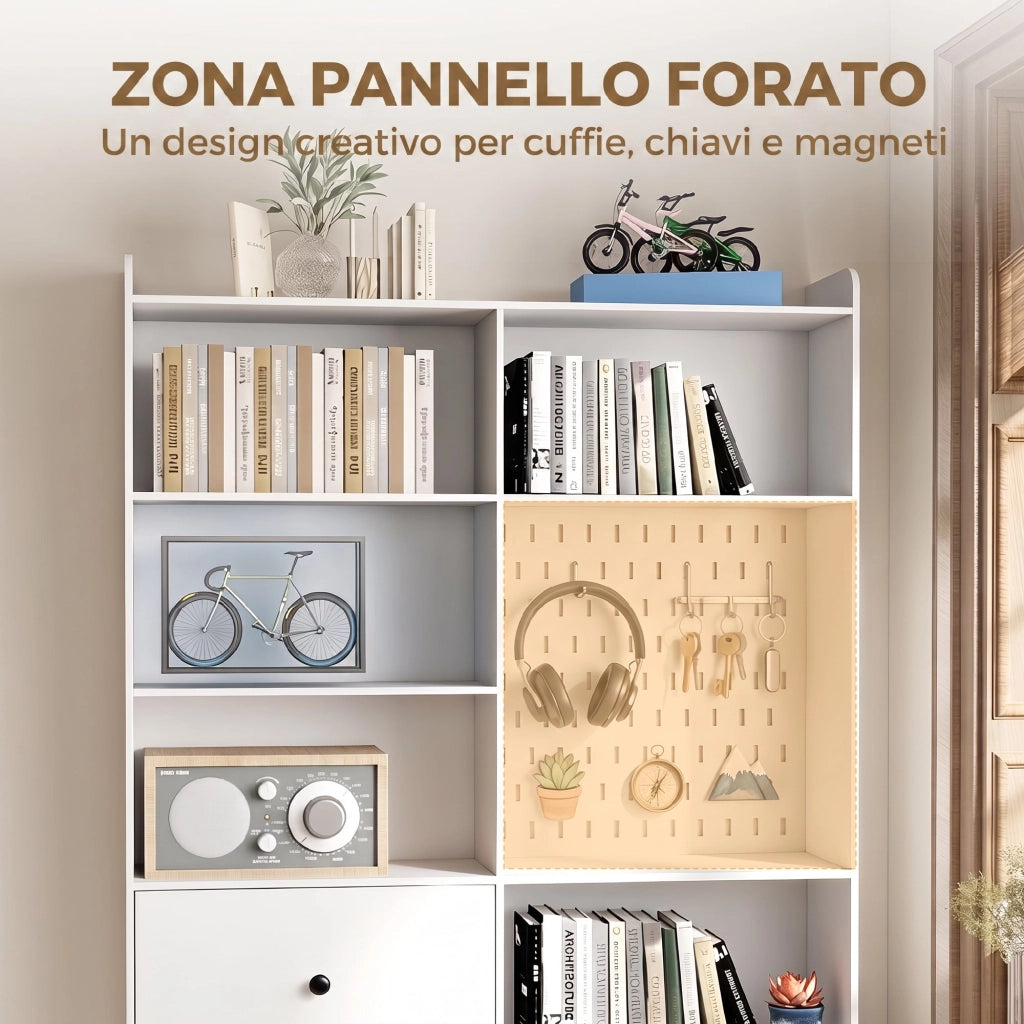Libreria Doppia a 6 Livelli con Cassetti e Pannello Forato, Bianco