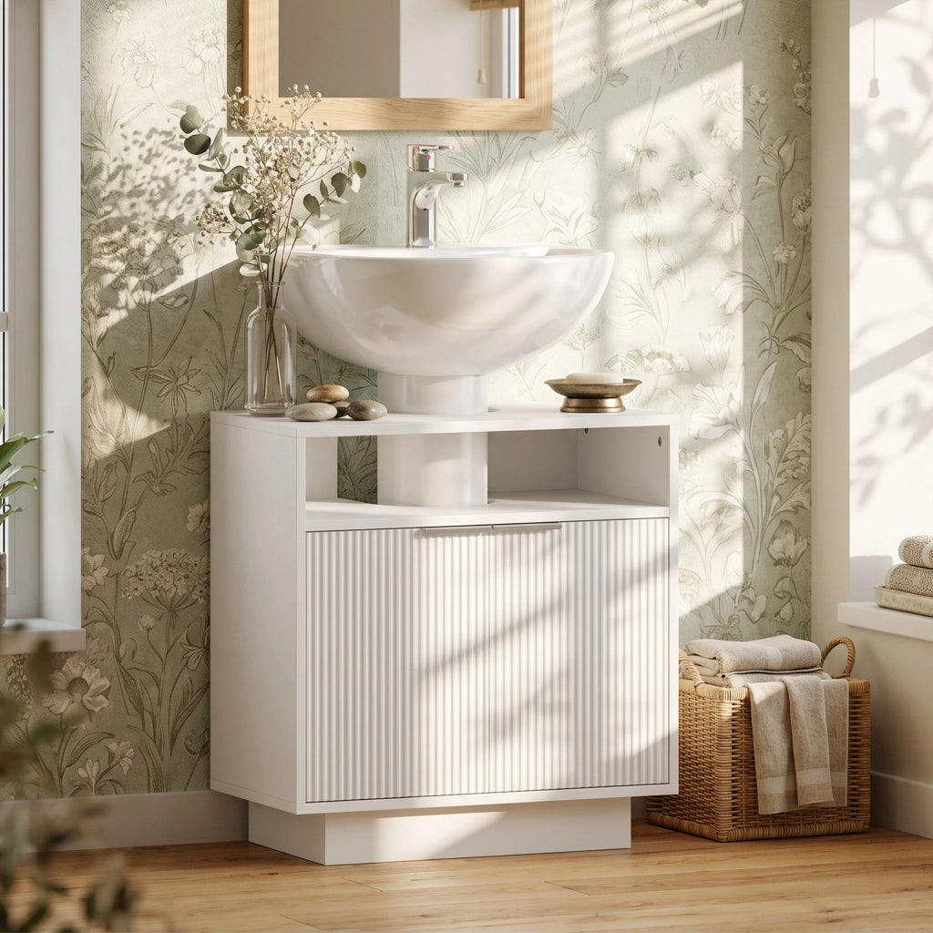 Mobiletto Sottolavabo con 2 Ante e Compartimento Aperto ¨C Zephmum ¨C Bianco 60x33x63 cm