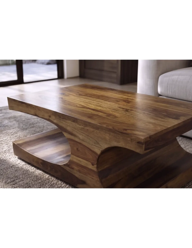 Tavolino basso NOMA 105 cm in legno massello di Sheesham verniciato con nicchie arrotondate