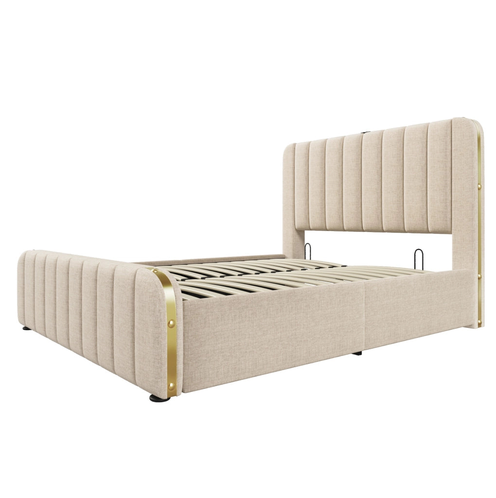 Letto contenitore imbottito 140x190 cm beige con USB e Type-C