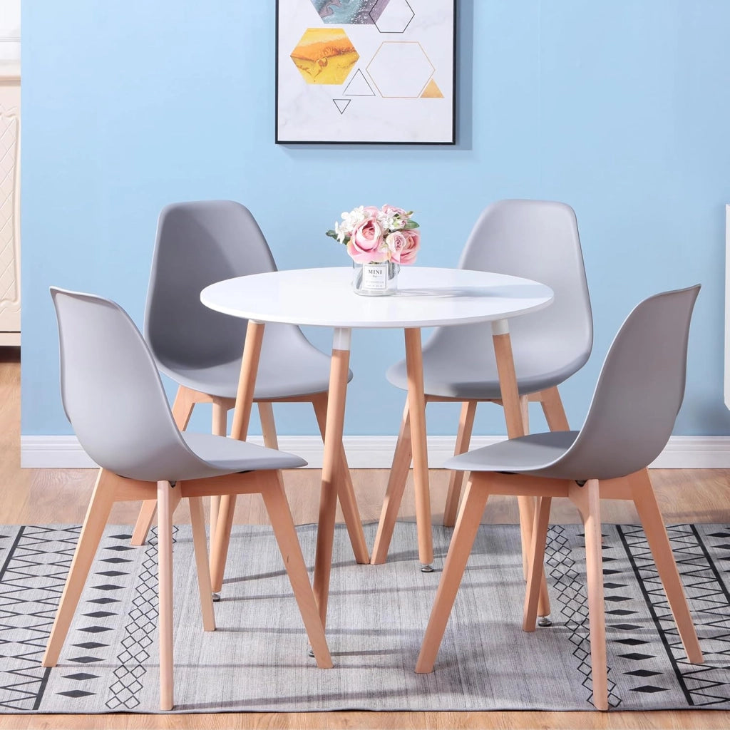 GrandCA HOME Tavolo da pranzo e 4 Sedie da Pranzo Set da Pranzo Moderno, Tavoli Rotonda Bianchi e Cuscino di Seduta in Tessuto Patchwork Sedie da Cucina, Blu