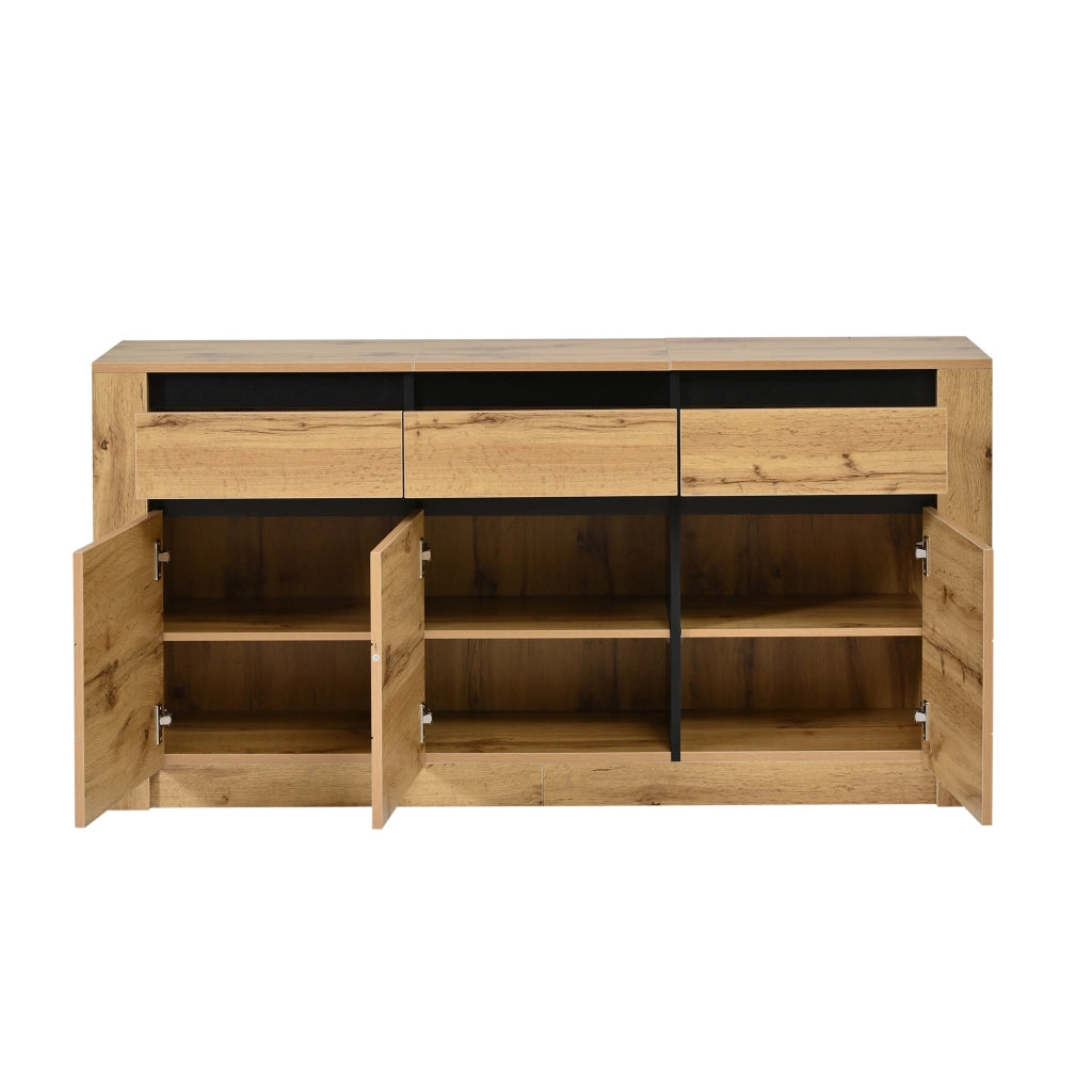 Credenza da sala da pranzo, mobile a tre ante, in truciolato, con 3 cassetti, color legno naturale