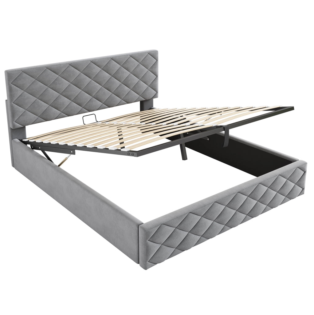 Letto imbottito grigio 140x200 cm con contenitore idraulico