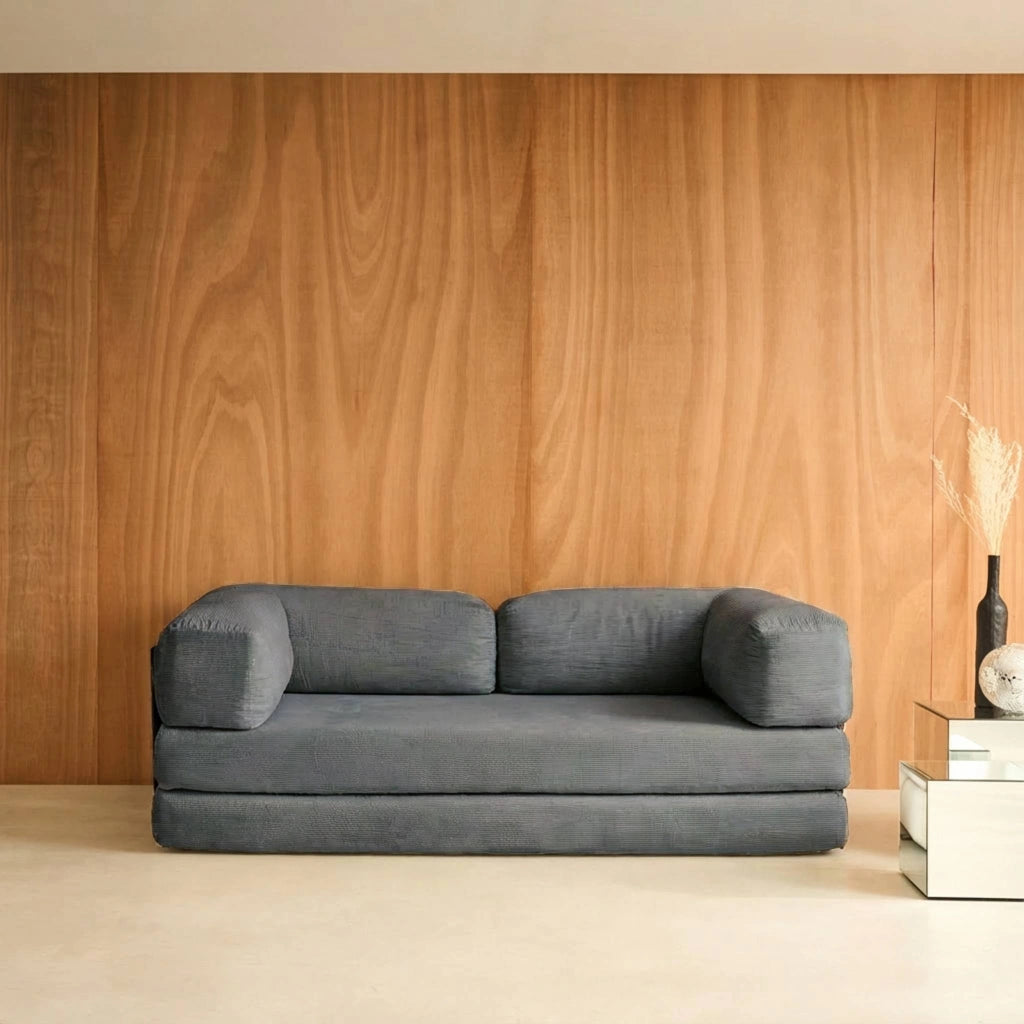 Divano letto futon in velluto a coste e struttura cromata, grigio