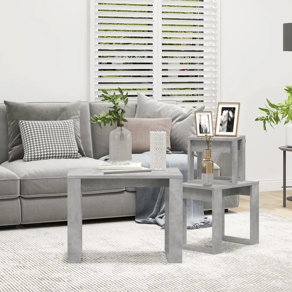Tavolini Impilabili 3 pz | Tavolo laterale Grigio Cemento in Legno Multistrato