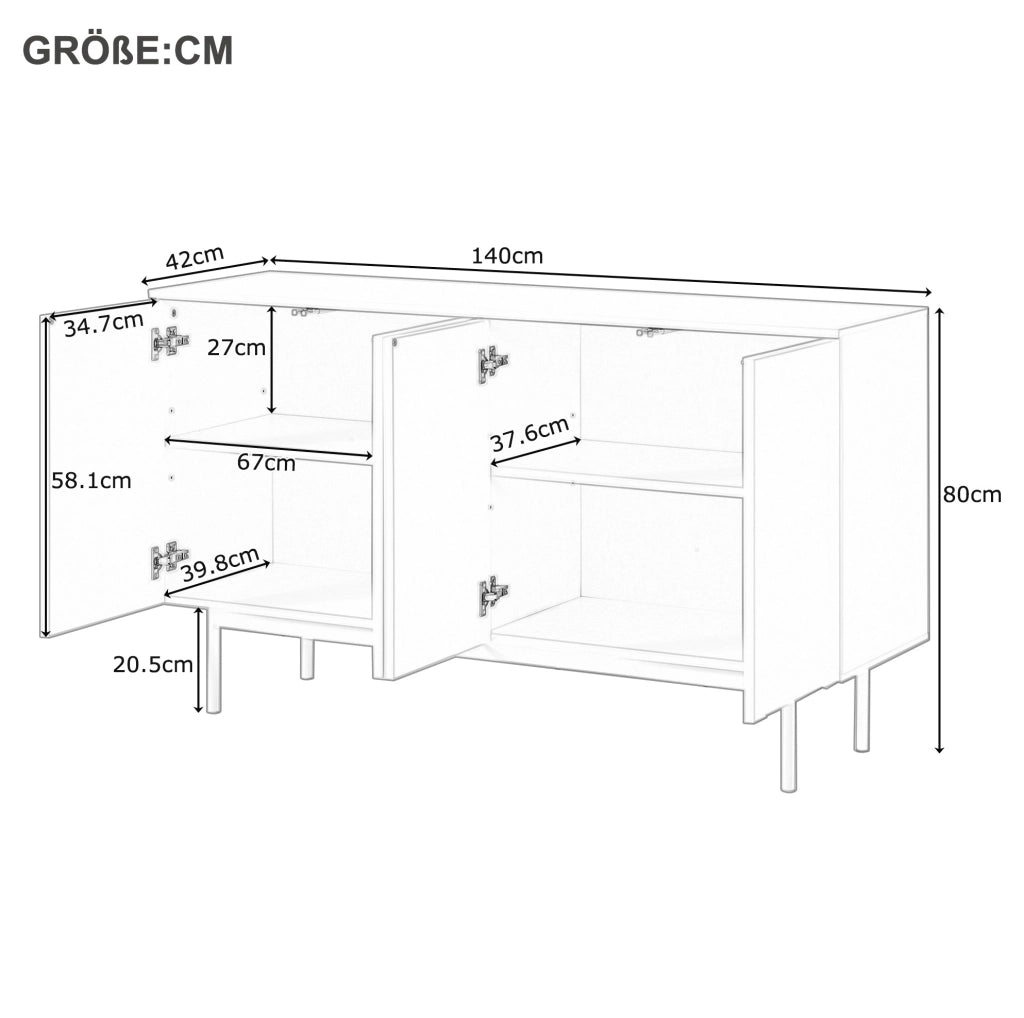 Sideboard moderno bianco con 4 ante; 2 ripiani regolabili; in MDF e metallo; 2 colli