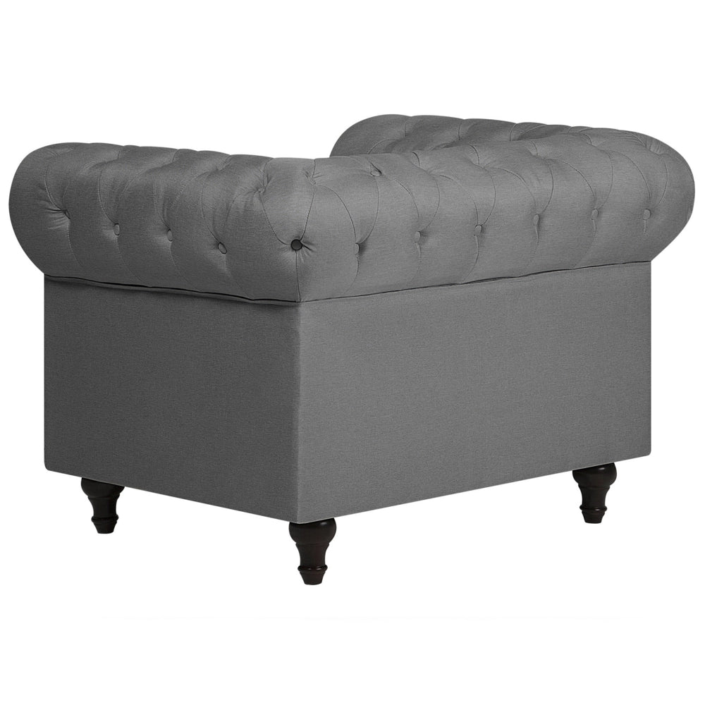 Set soggiorno Chesterfield in tessuto grigio chiaro gambe in legno scuro divano a 3 posti + poltrona contemporanea