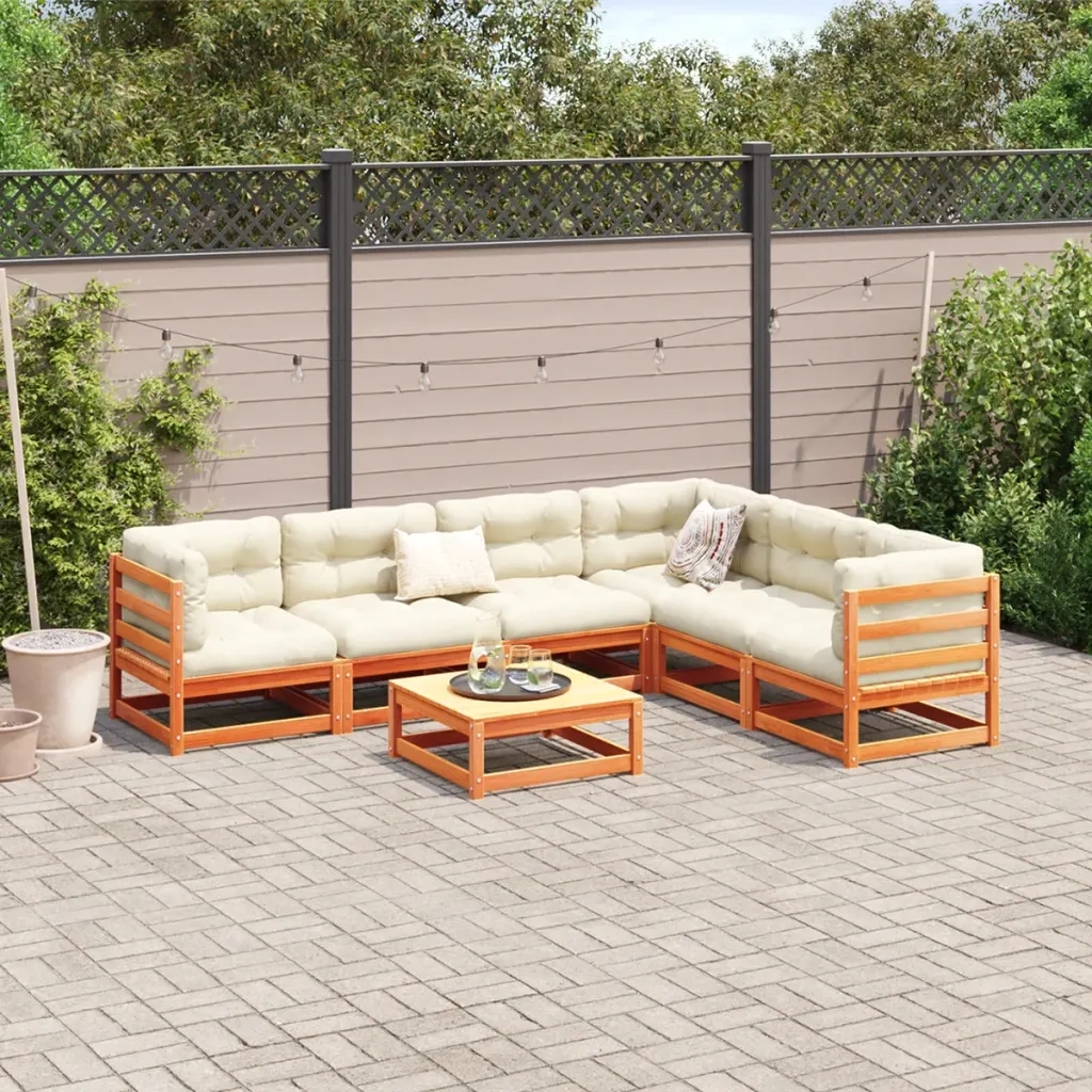 Set Divani da Giardino 7 pz Marrone Cera Legno Massello Pino 3299464
