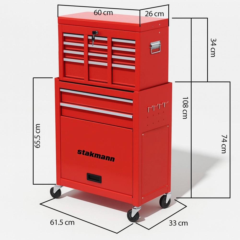Carrello Portautensili 2in1 8 Cassetti Mobiletto Staccabile per Garage e Officina Rosso