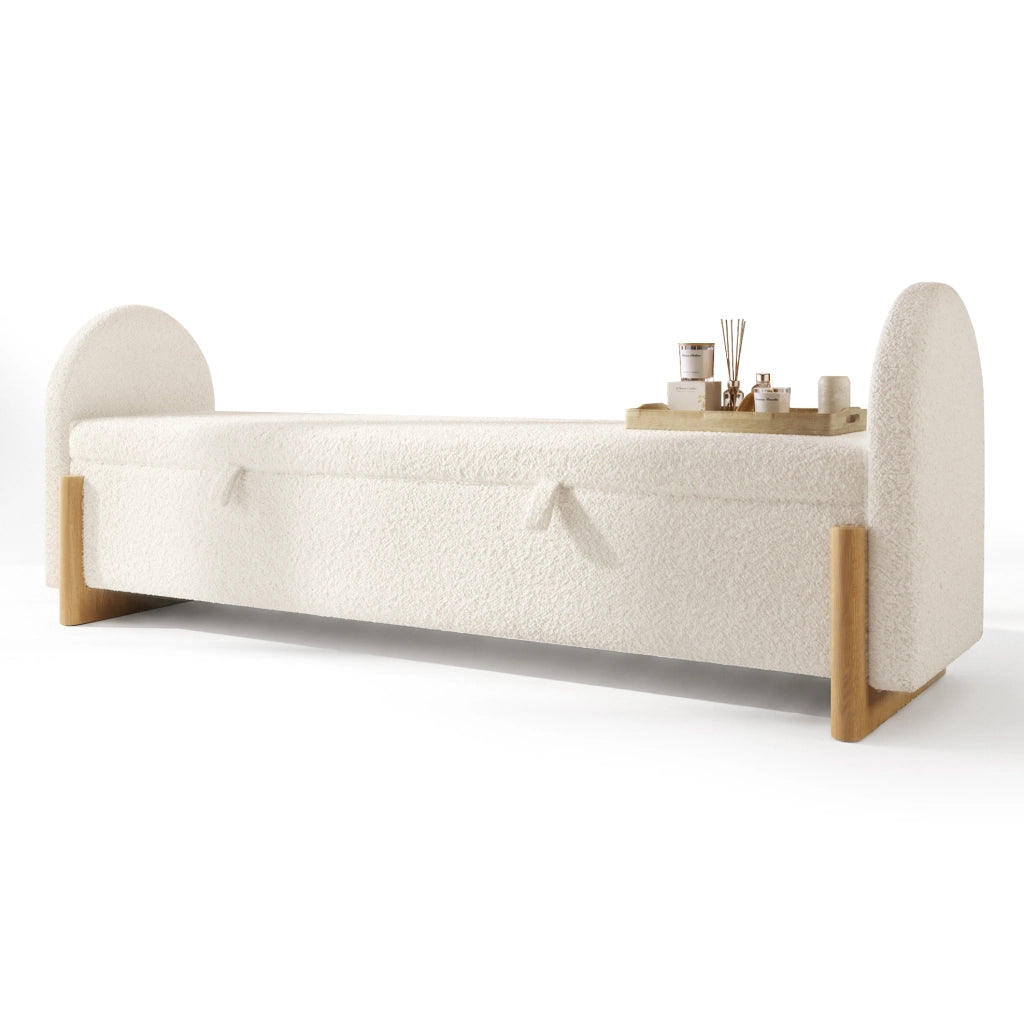 Panca contenitore per camera 186x47x61 cm in chenille bouclé bianco con vano portaoggetti idraulico