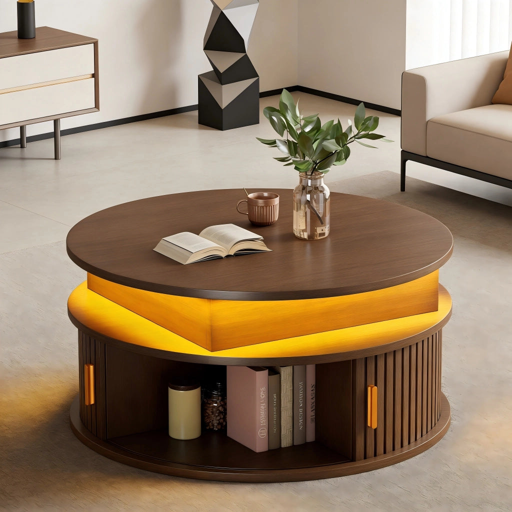 TAVOLO CENTRO rotondo 75 cm regolabile in altezza con LED, MDF color noce