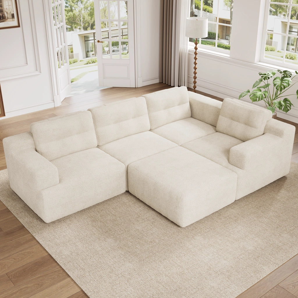 Divano modulare 5 posti - con schienale alto e pouf - in chenille beige